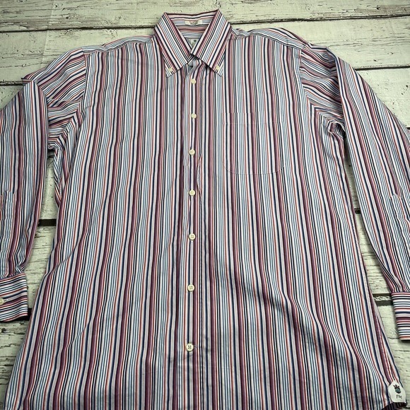 Peter Millar Men Button Down Shirt Size 16 Long Pink Blue Striped Long Sleeve - Picture 6 of 14